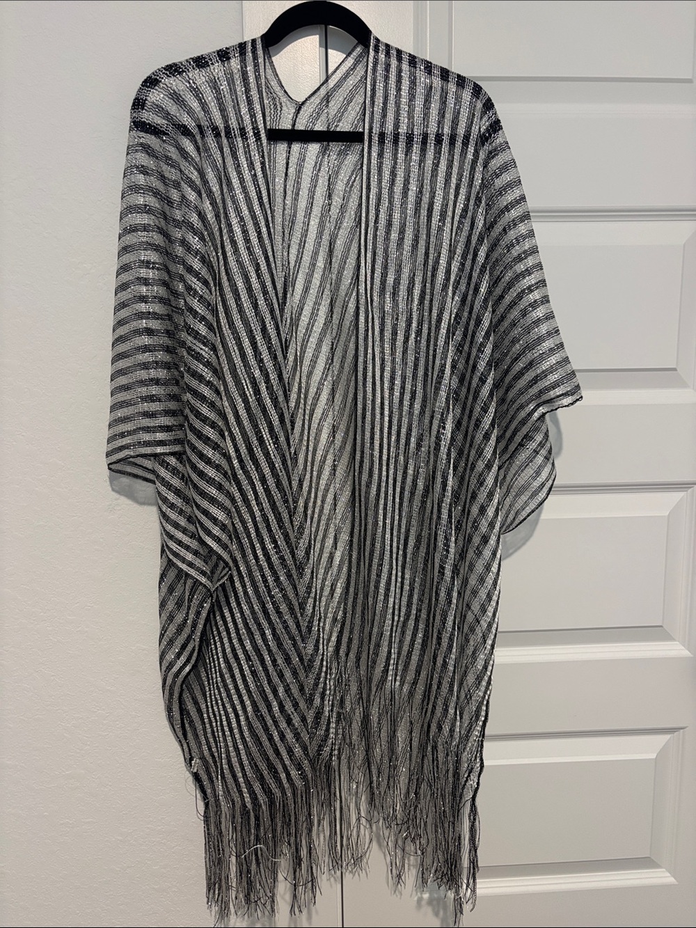 Lightweight Black and White Striped Fringe Shawl Wrap -